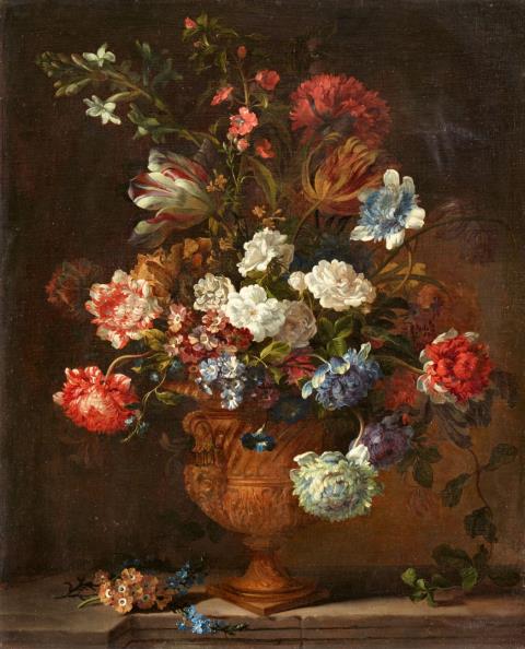 Jean-Baptiste Belin de Fontenay - Stillleben mit Chrysanthemen, Papageientulpen und Pfingstrosen