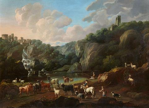 Cajetan Roos - Herd of Cattle and a Fisherman at a Mountain Lake