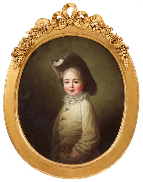Französischer Meister des 18. Jahrhunderts - Knabe in Pierrot-Kostüm und grauem Filzhut