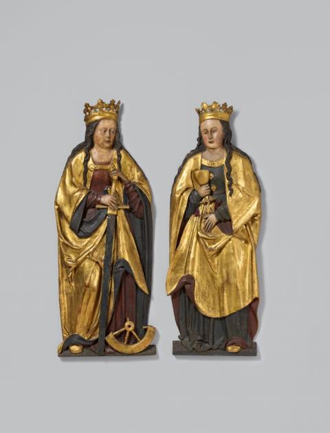 Probably South German circa 1500 - Two carved wood figures of Saint Catherine and Saint Barbara, presumably South German, circa 1500