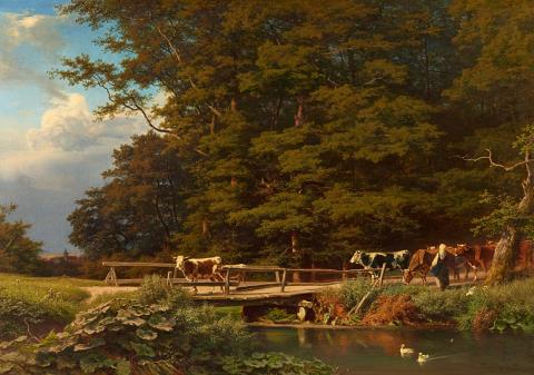 August Bromeis - Bewaldete Landschaft mit Rinderherde vor einer Brücke