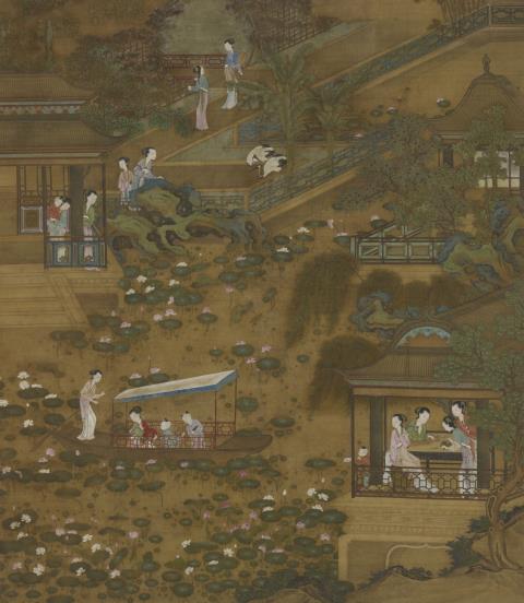 Ying Qiu - Palace ladies in a palace garden with pavilions on a lotus pond. Hanging scroll. Ink and colour on silk. Sealed.