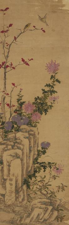 Anonymous painter Qing dynasty - Two hanging scrolls. Ink and colour on silk. a) Mandarin ducks in rocky river landscape. Inscribed in the manner of Shen Zhou and two seals. b) Chrysanthemum by a rock and a pai...