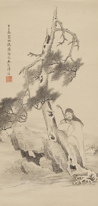 Xiang Feng - Drei Hängerollen. a) Mann mit Stab unter Kiefer. Tusche auf Papier. Aufschrift, zyklisch datiert dingsi, sign.: Feng Xiang und Siegel: Feng Xiang hua... . b) und c) Zwei aus ein...