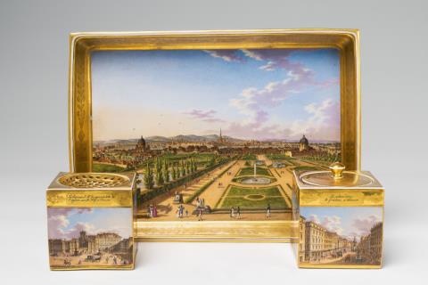  Vienna, Imperial Manufactory directed by Matthias Niedermayer - A three-piece Niedermayer porcelain writing set with views of Vienna