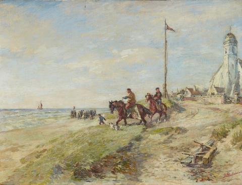 Gregor von Bochmann - Beach Scene with Riders and the Andreaskerk in Katwijk