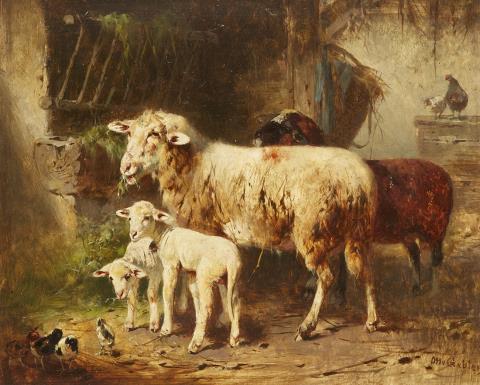 Otto Friedrich Gebler - Sheep, Lambs, and Chicks in a Stable