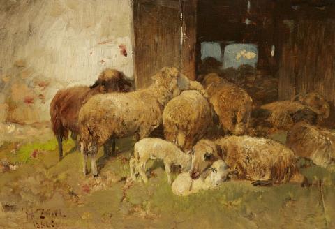 Heinrich von Zügel - Flock of Sheep by a Stable