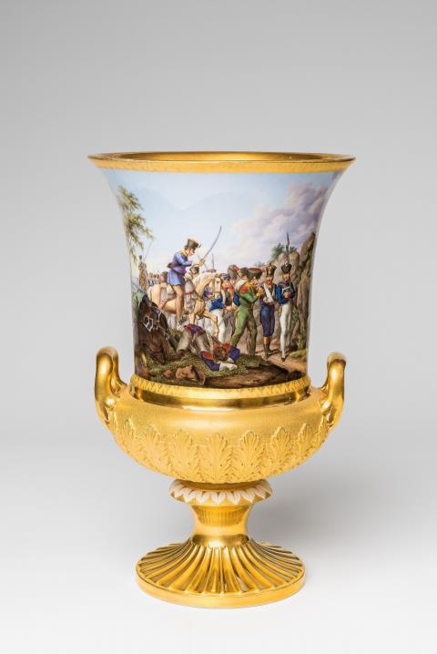 A Meissen porcelain krater form vase with scenes from the German Campaign