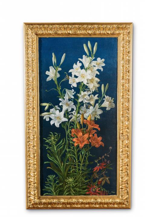 Gottfried Wilhelm Völcker - Weiße Lilien und Feuerlilien von Passionsblume umrankt