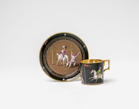  Vienna, Imperial Manufactory directed by Matthias Niedermayer - A rare Vienna porcelain cup and saucer with circus motifs