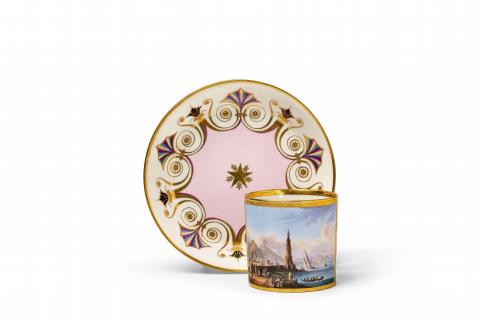 A Vienna porcelain cup and saucer with a view of Naples