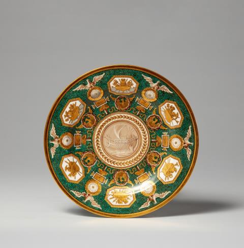 Louis Henri Rivet de la Grange - A Berlin KPM porcelain plate with green porphyry ground and trophies