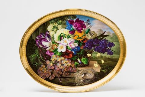 Joseph Nigg - A Vienna porcelain tray with a basket of flowers, grapes, and a bird's nest