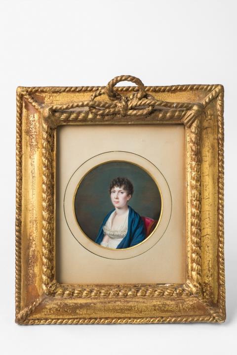  French Artist - A portrait miniature of an Empire lady in a cashmere shawl
