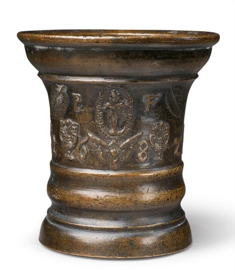  Werkstatt Grassmayr - A dated Grassmayr mortar with the Virgin in an aureola