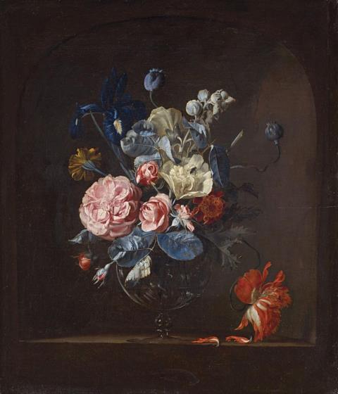 Willem van Aelst - Glass Vase with Roses, Iris, Marigolds, and Tulips in a Niche
