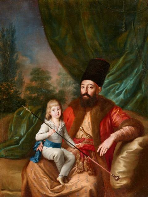 Französischer Meister des 18. Jahrhunderts - Porträt eines Herren in osmanischer Kleidung und einem Kind im Arm