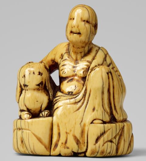 Franz Stegmann - An ivory netsuke of a rakan, possibly Shubaka Sonja. 17th/18th century
