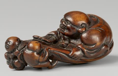 George Friedrich Weigel - A boxwood netsuke of Hotei and a karako, by Tomomasa. 19th century