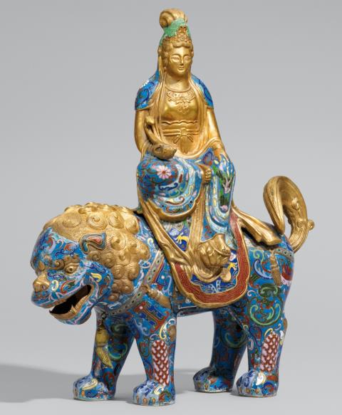 Max Pollinger - A large cloisonné enamel figure of Bodhisattva Wenshu. 20th century