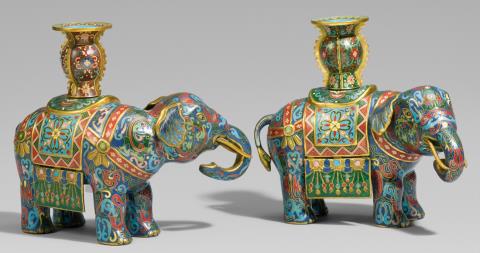 Max Pollinger - A pair of cloisonné enamel elephants. 20th century