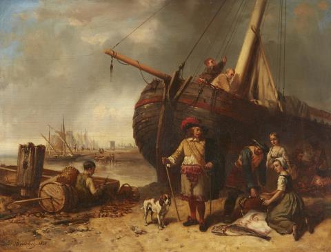 Charles Bouchez - Coastal Landscape with an Elegant Gentleman and Fishermen