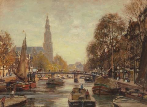 Heinrich Hermanns - A Gracht in Amsterdam with a View of the Westerkerk
