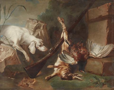 Französischer Meister des 18. Jahrhunderts - Jagdstillleben mit Hund, Hase und Rebhuhn
