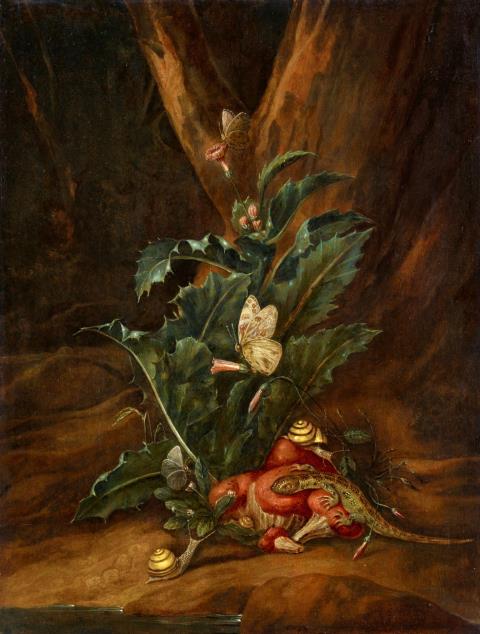 Carl Wilhelm de Hamilton - Waldbodenstillleben mit einer Distel, Pilzen, Schnecken und einer Eidechse