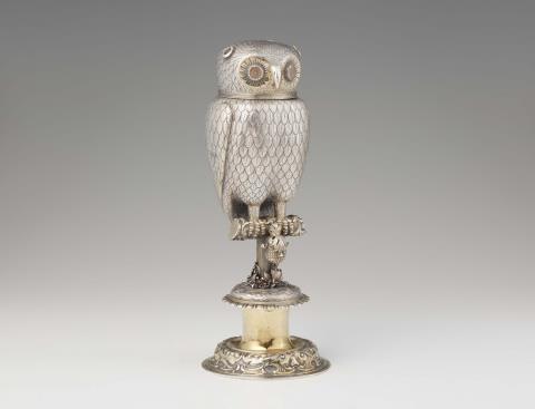 Karl Silvan Bossard - A parcel gilt silver drinking vessel formed as an owl