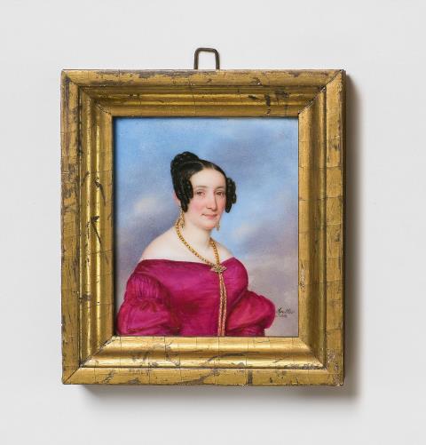 Jakob Spelter - A porcelain plaque with a portrait of a lady in a magenta evening gown