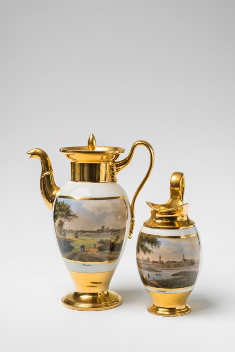  Nymphenburg - Two Nymphenburg porcelain pitchers with views of Munich and Neuburg