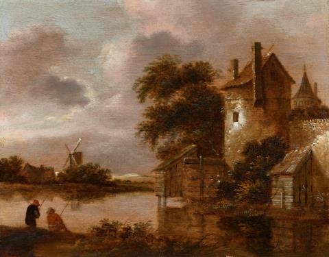 Klaes (Nicolaes) Molenaer - Flusslandschaft mit Gebäuden am Ufer und einer Windmühle