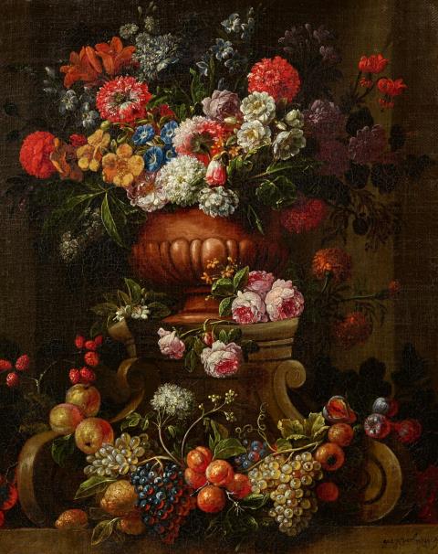 Gaspar Peeter Verbruggen d. Ä. - Früchtestillleben an einem Steinsockel und Blumen in einer Tonvase