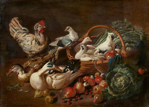 Jacob van de Kerckhoven - Großes Stillleben mit Gemüse, Früchten, Tauben, Enten und Hahn