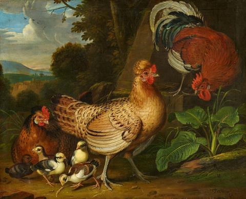 Jakob Samuel Beck - Hahn mit zwei Hennen und ihren Küken