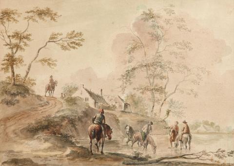 Klaes (Nicolaes) Molenaer - Landschaft mit Reitern, die ihre Pferde an einem Fluss tränken