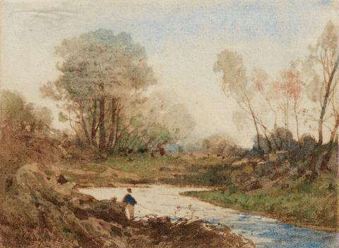 Henri Joseph Harpignies - Landscape with a Fisherman