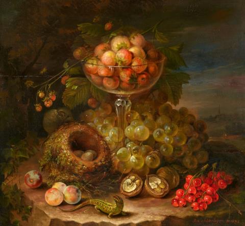 Johann Schlesinger - Stillleben mit Erdbeeren in einer gläsernen Tazza, Trauben, Johannisbeeren, Nüssen, Mirabellen, einem Vogelnest sowie einer Eidechse