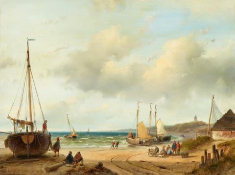 Andreas Schelfhout - Coastal Landscape with Fishermen and Heavily Laden Boats