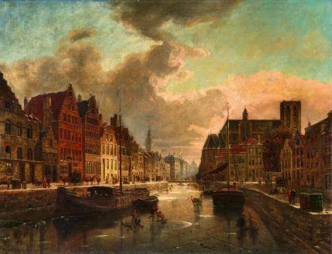 Franz Stegmann - Winter Evening in Ghent with a Frozen Canal
