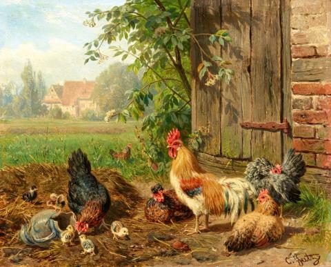 Carl Jutz d. Ä. - Hahn mit Hühnern und Küken