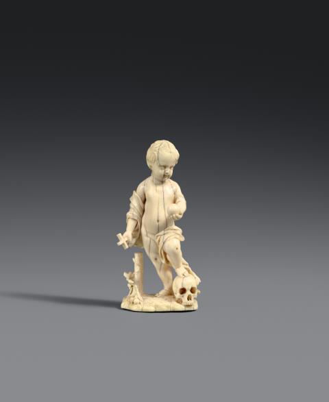 Probably South German 17th century - A 17th century carved ivory figure of Christ with a skull, probably South German