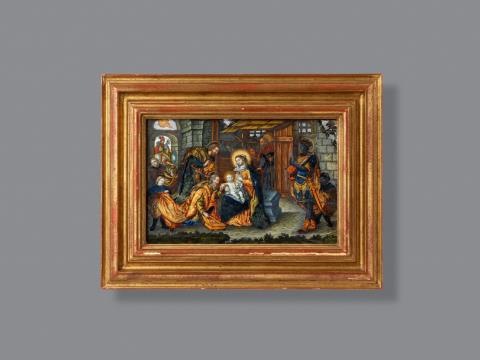 Probably South German first half 18th century - An églomisé reverse glass depiction of the Adoration of the Magi, probably South German, first half 18th century