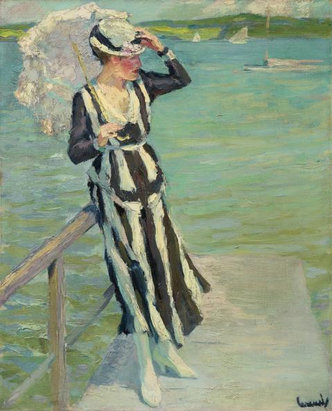 Edward Cucuel - Auf dem See - Dame im gestreiften Kleid mit Sonnenschirm