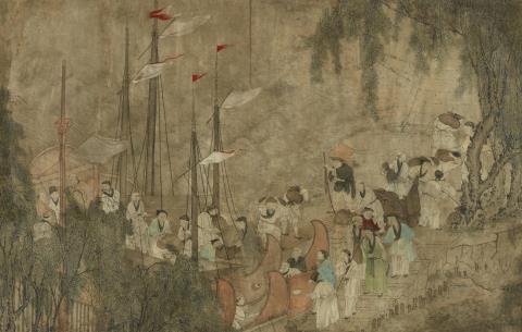 Anonymous painter . Qing dynasty - Figures unloading a ship. Ink and colour on paper. Matted, framed and glazed.