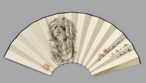 Peiqiu Chen - Hund. Fächerbild. Tusche auf Papier. Aufschrift, zyklisch datiert jiaxu (1994), Siegel: Chen und Peiqiu.