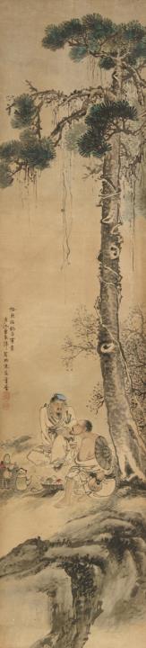 Jiaze Zeng - Zwei Männer unter Kiefer beim Teetrinken. Hängerolle. Tusche und Farben auf Papier. Aufschrift, sign.: Zeng Jiaze und zwei Siegel.