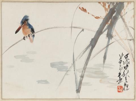 Shao'ang Zhao - A bird on a branch. Ink and colour on paper. Inscription, dated cyclically jiaxu (1934) signed Shao'ang and sealed Shao'ang... . Matted, framed and glazed.